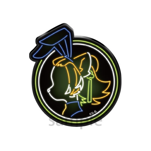 Round neon-style acrylic fridge magnet showing a side-profile Bunnimals character with glowing outlines and a ribbon.