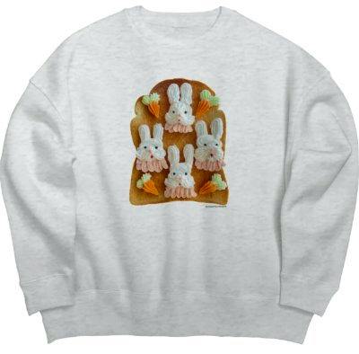 Gray cotton sweatshirt showing a central print of five bunnies and carrots.