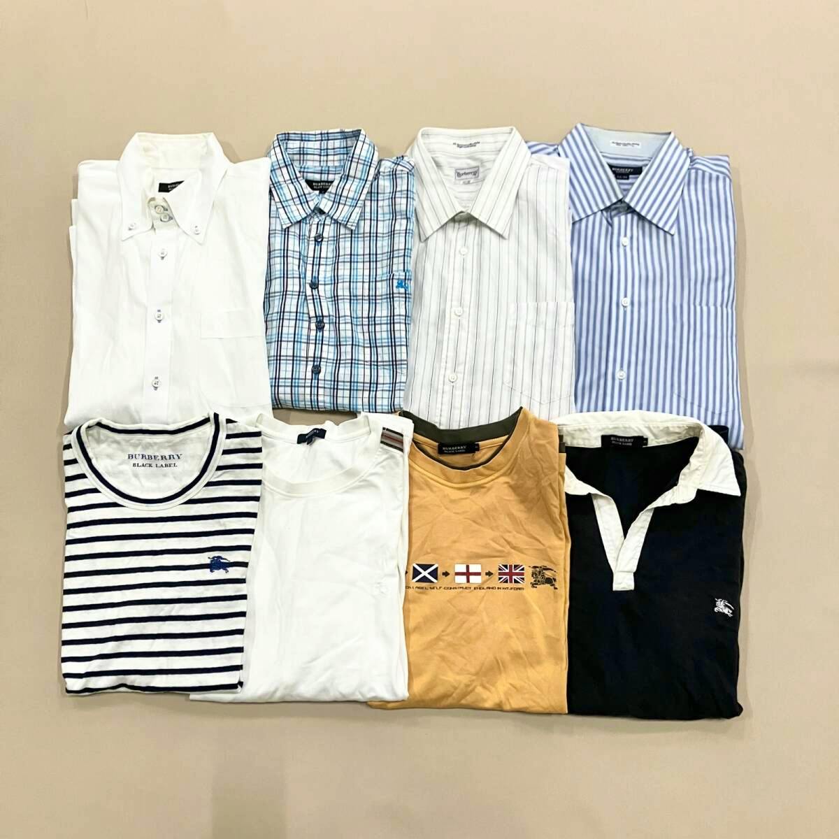 Eight folded men's Burberry shirts and T-shirts arranged in two rows on a beige background.