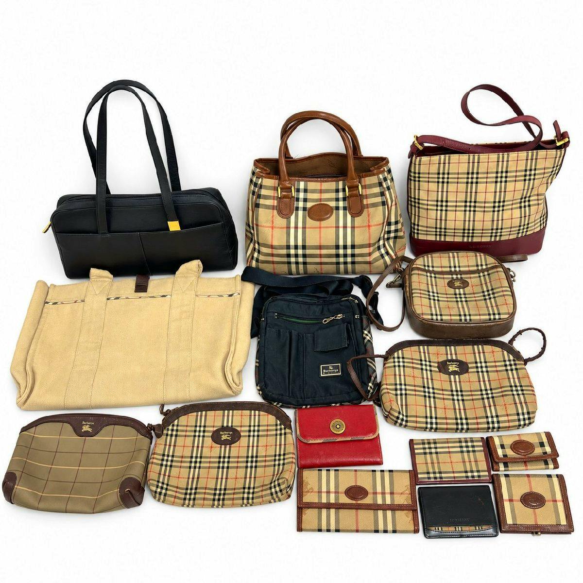 A grouped set of Burberry bags, wallets, and small accessories arranged on a white background, many showing the beige Nova Check pattern.