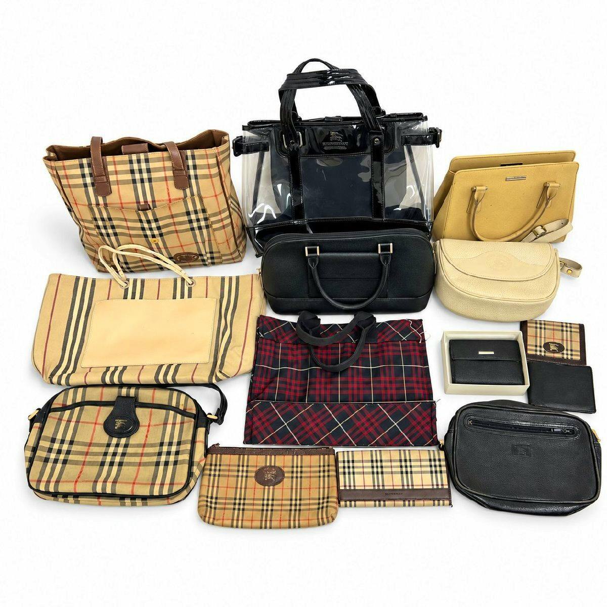 A set of Burberry bags, wallets, and small accessories (14 pieces) arranged on a white background, many showing the Nova check pattern.