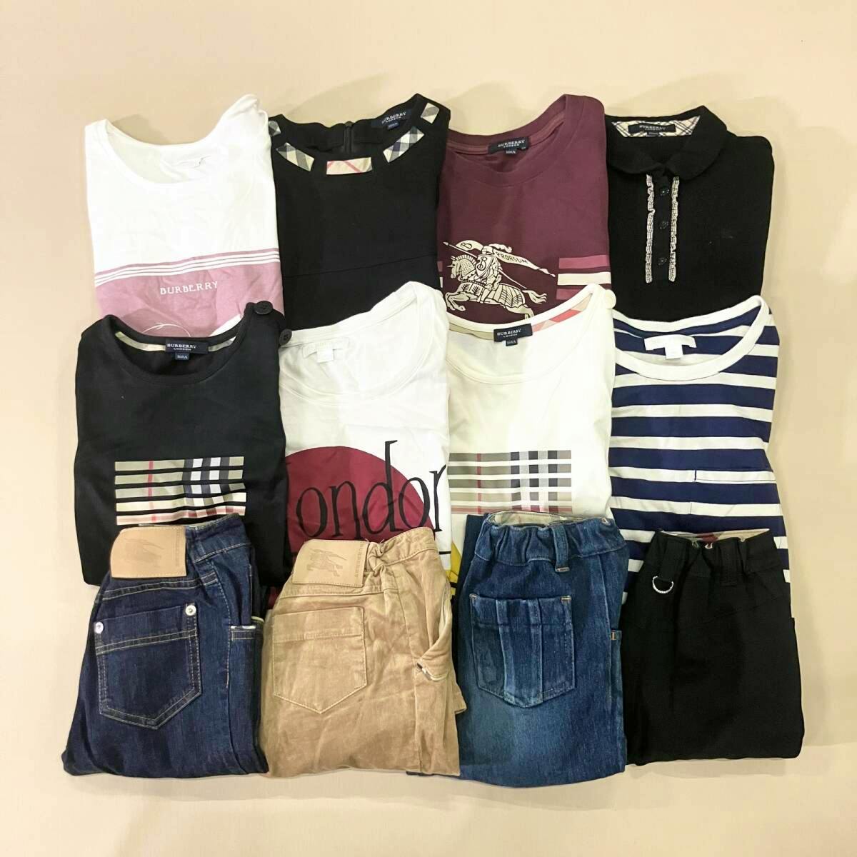 Twelve folded Burberry children's tops and bottoms arranged in a grid, showing shirts and pants.