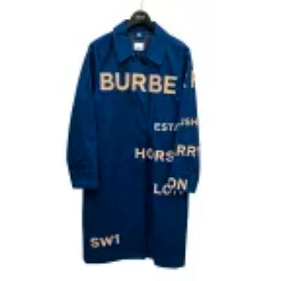 Navy Burberry logo-print long coat (women's jacket, size 38) hanging on a hanger, front view.