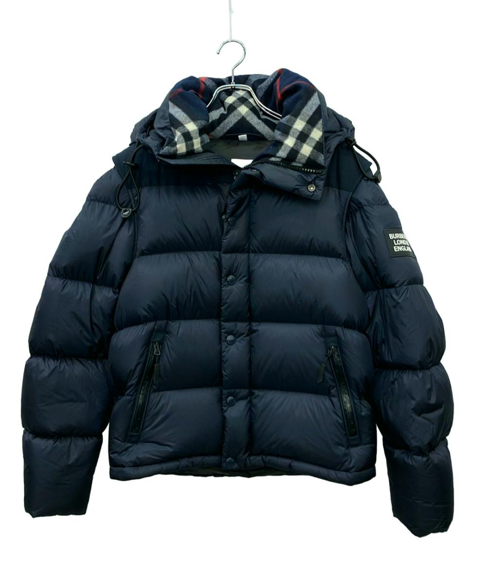 Front view of the men's Burberry London navy down jacket with check-pattern hood lining on a hanger.