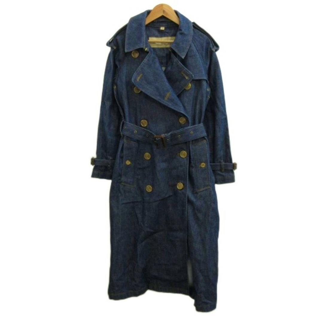 Front view of an indigo denim men's trench coat (Burberry London) on a hanger, showing double-breasted buttons and a waist belt.