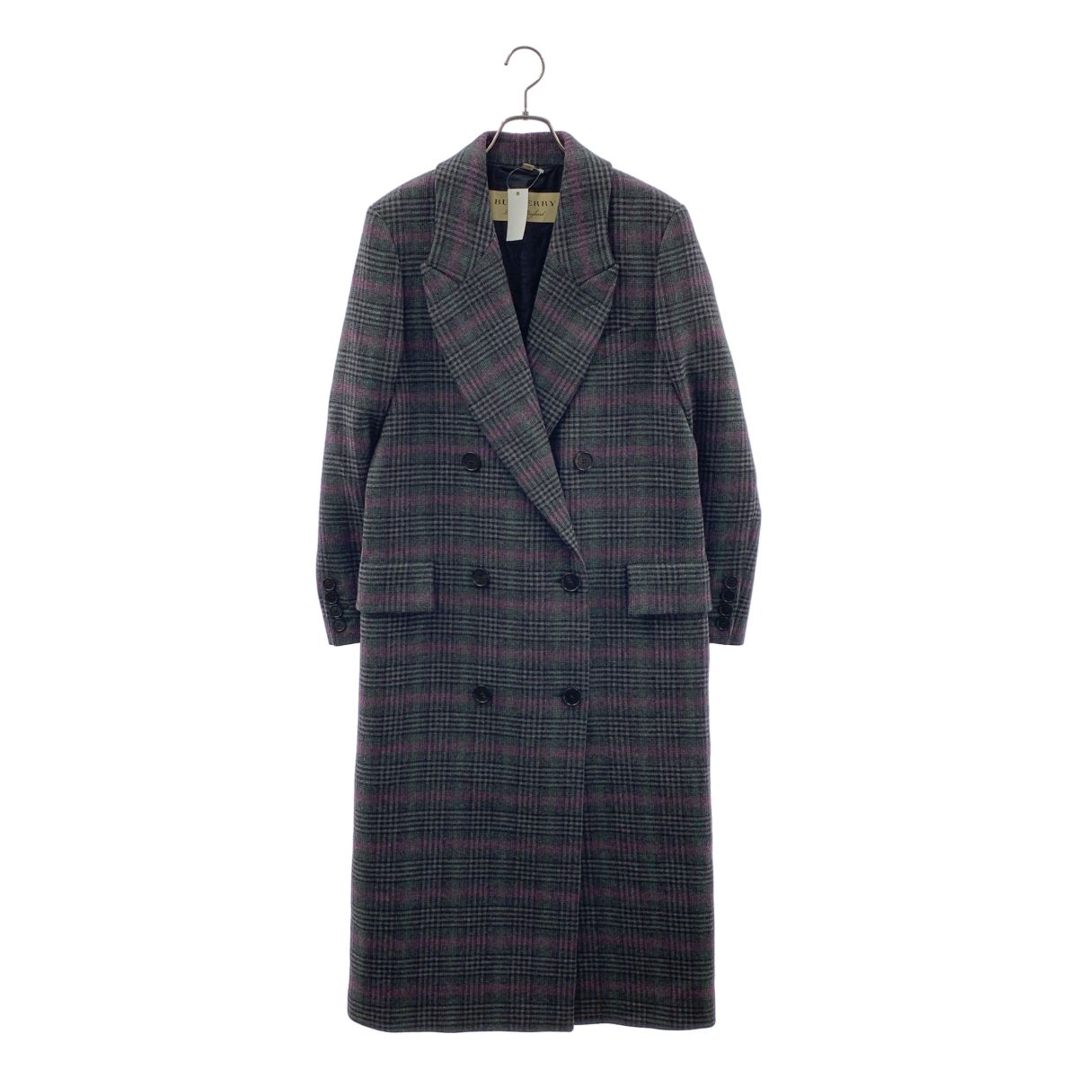Gray Burberry London wool double-breasted Chester women's coat (size 44) hanging on a hanger against a white background.