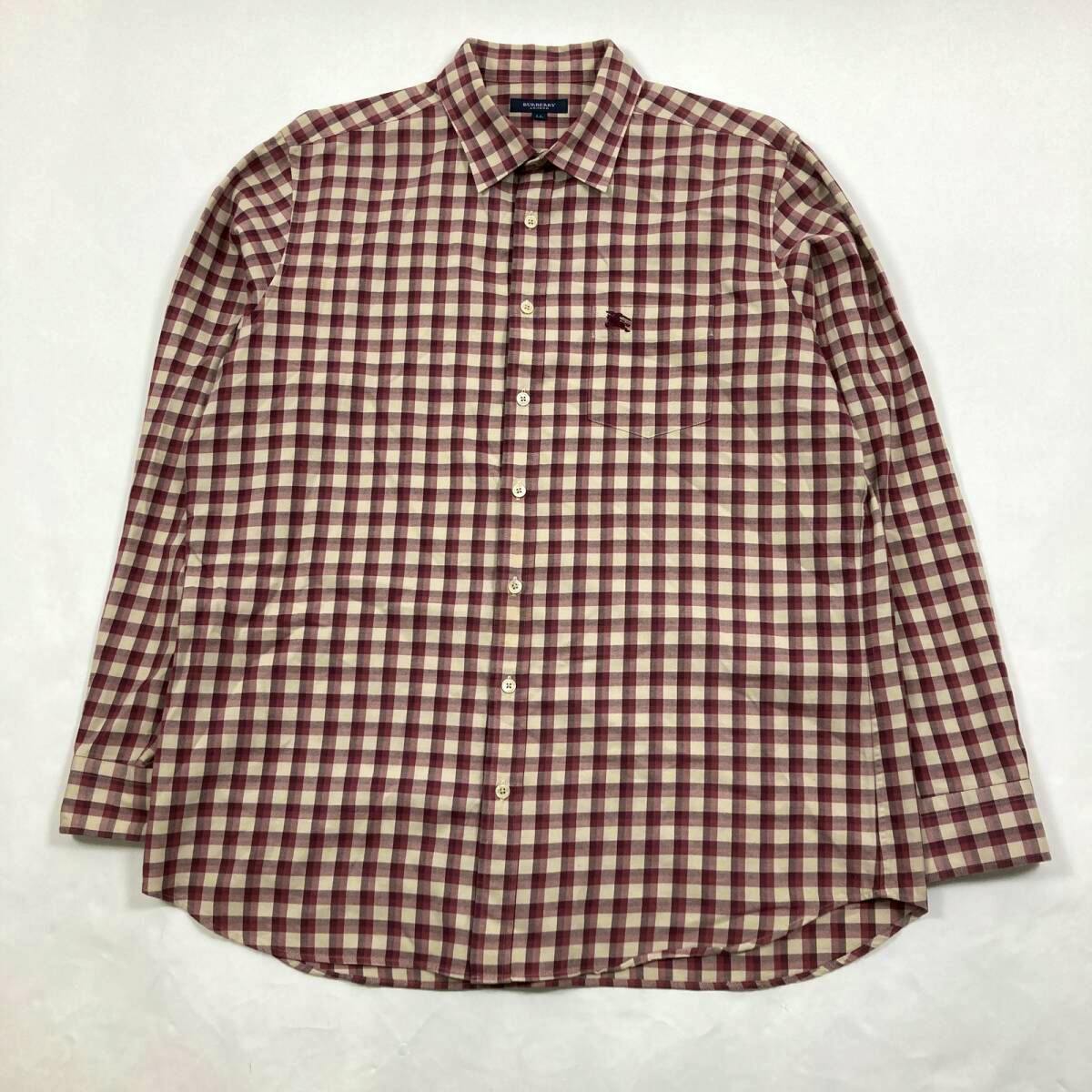 Flat-lay of a men's burgundy-check long-sleeve Burberry shirt showing the full front and embroidered horse logo.