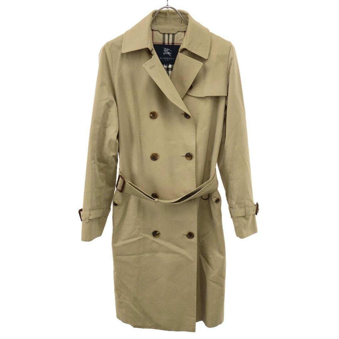 Front view of a beige BURBERRY LONDON Nova Check inner trench coat (men's jacket) on a hanger, showing double-breasted buttons and belt.