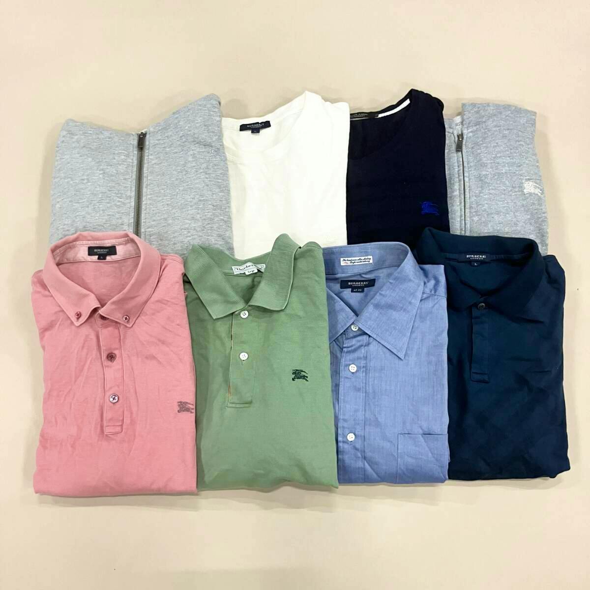 Eight folded men's Burberry shirts and tops arranged in two rows on a flat surface.