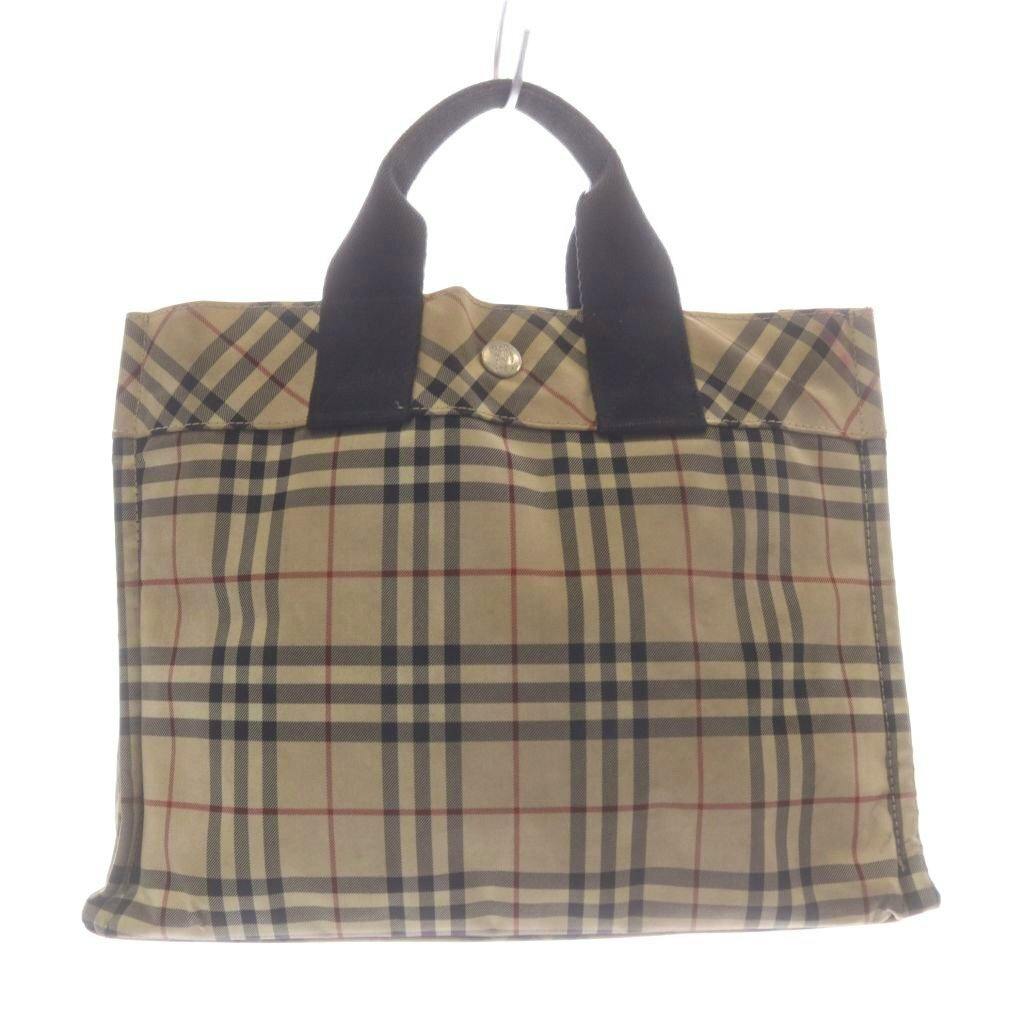 Beige Burberry Nova Check canvas handbag with short black handles shown from the front.