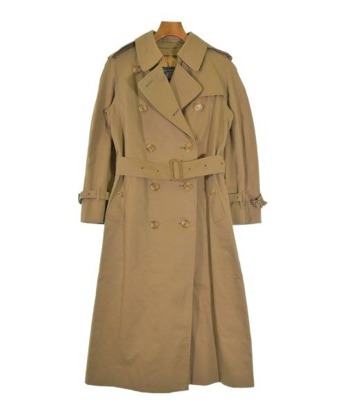 Tan Burberry women's trench coat displayed on a hanger against a white background.