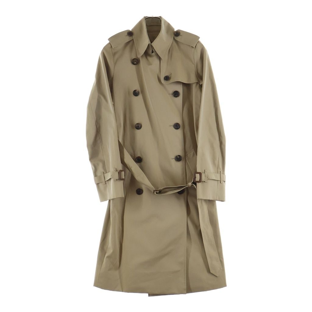 Front view of a beige cotton women's trench coat on a white background.