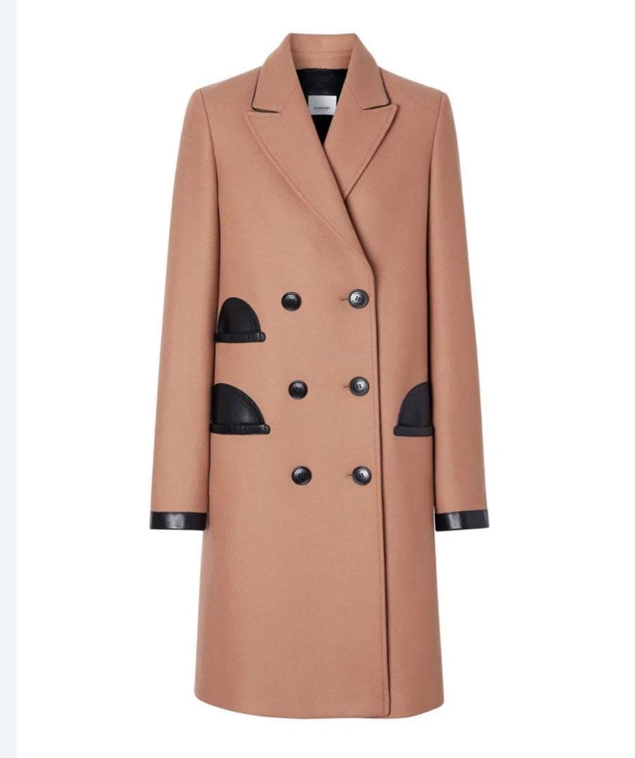 Front view of a camel women's wool coat with black leather-trimmed pockets and cuffs.