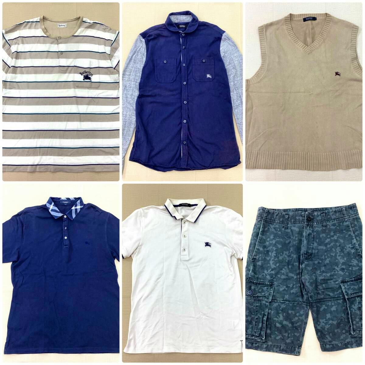 Six men's Burberry garments laid flat in a 3-by-2 grid, including polos, a sleeveless knit vest, a navy button shirt, and camo cargo shorts.
