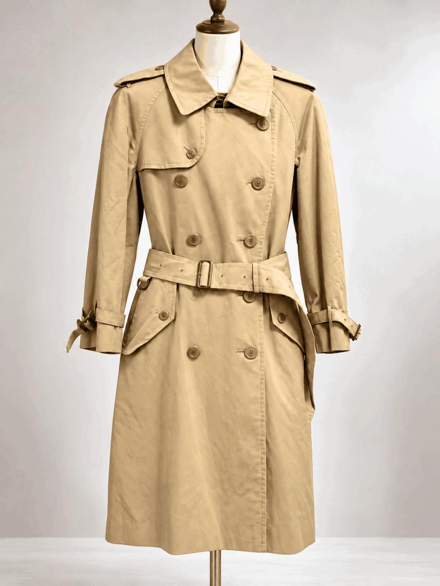 Beige double-breasted men's trench coat on a mannequin, front view showing belt and epaulettes.