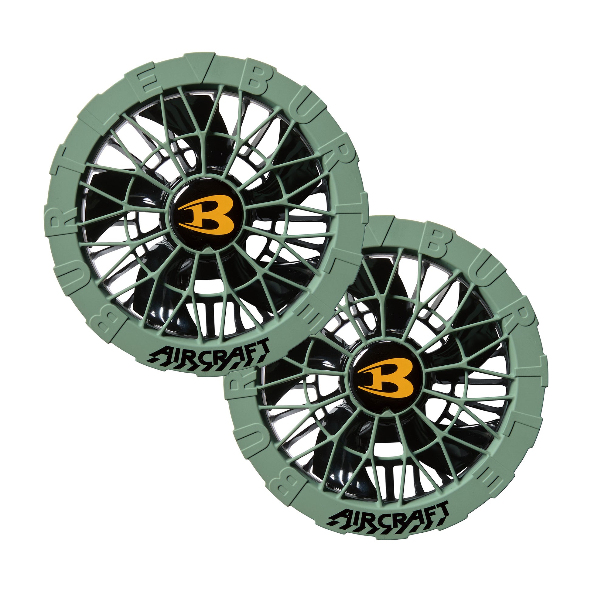 Two BURTLE AC fan units in green with black blades and yellow "B" center logos.