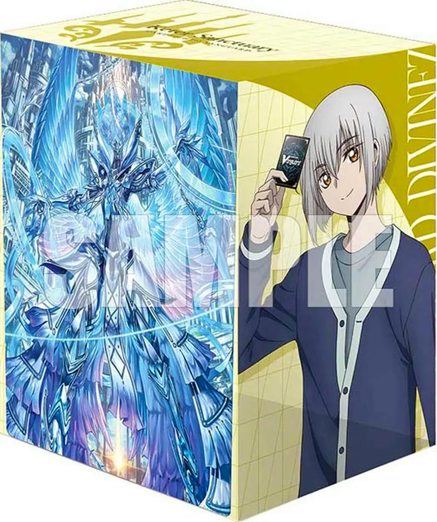 Front and side of a deck holder box showing an anime character holding a card and a blue armored figure illustration.
