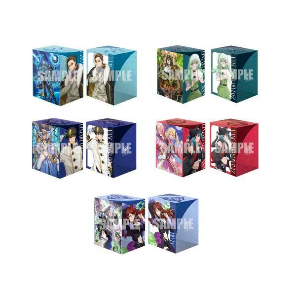 Mockup images of five Cardfight!! Vanguard plastic deck holder/card case designs shown as cube-shaped product renders.