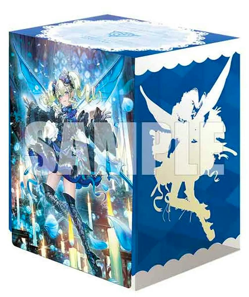 Front and side view of a blue Cardfight!! Vanguard deck box featuring artwork of "漆黒の妖精姫 ティターニア" with a SAMPLE watermark.