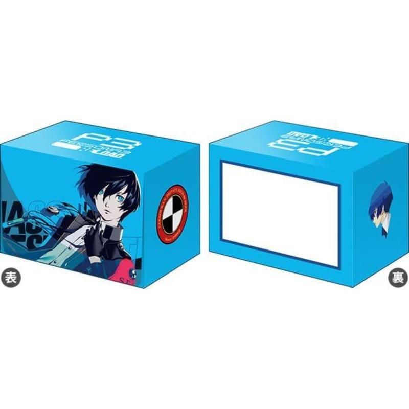 Blue deck holder box render showing front artwork of the Persona 3 protagonist and a back view.
