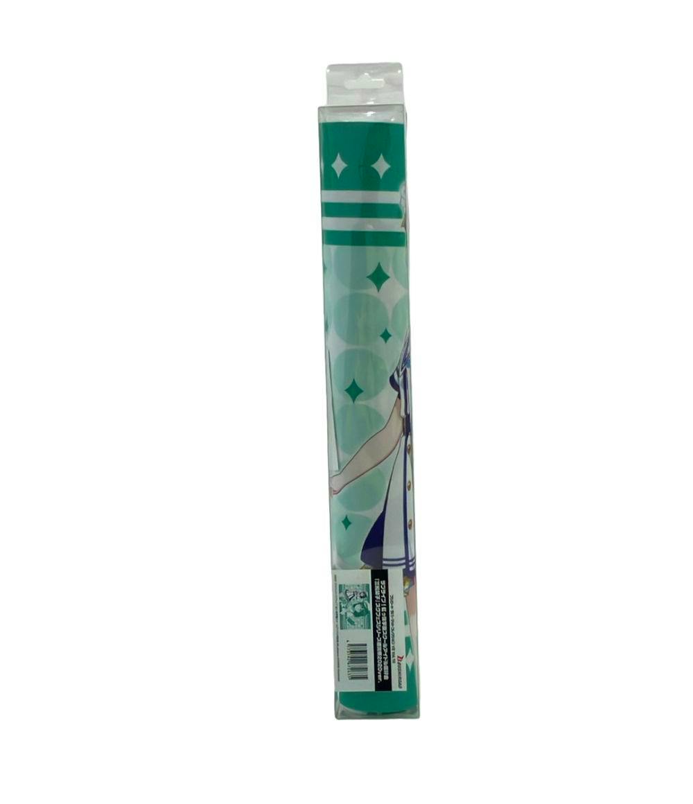 Side view of the packaged rubber mat featuring 三船琴子 artwork rolled in a plastic sleeve.