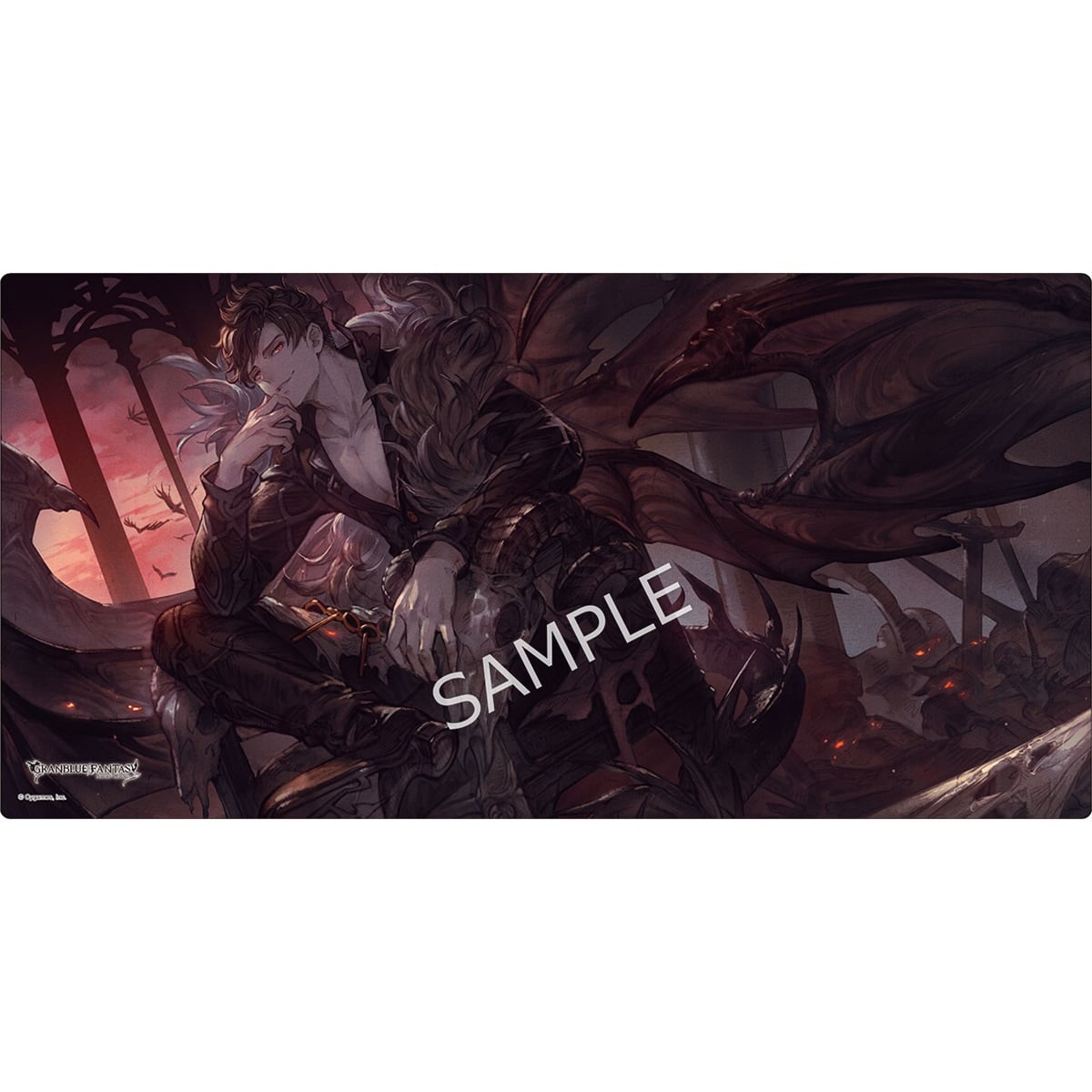 Rubber playmat featuring Granblue Fantasy character Belial reclining in dark clothing with a SAMPLE watermark.