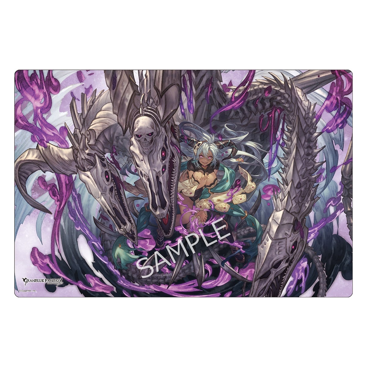 Rubber playmat featuring Granblue Fantasy artwork of 'フェディエル' showing the character beside a large skeletal dragon with purple swirling effects and a SAMPLE watermark.