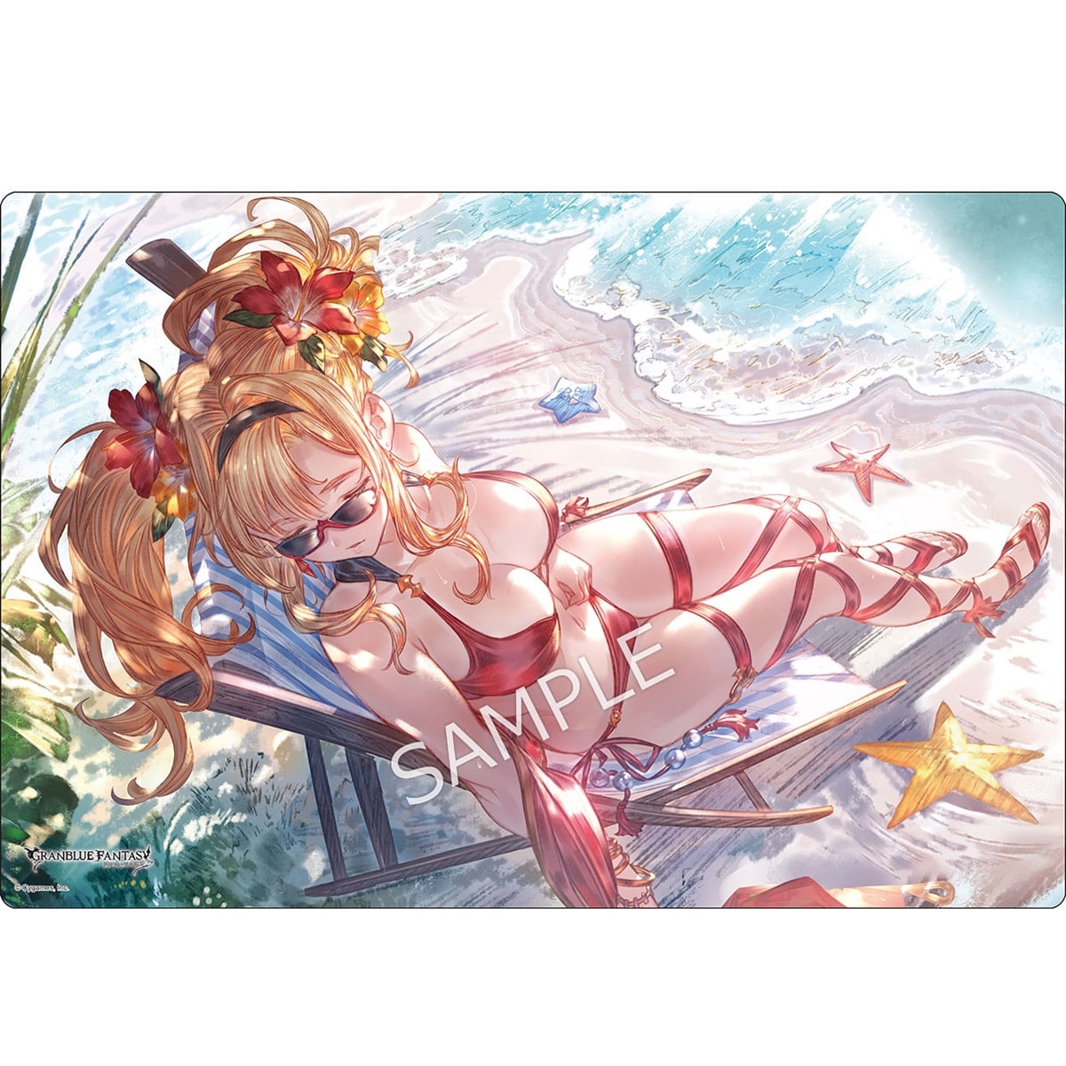 Rubber desk mat depicting Granblue Fantasy character Zeta in a swimsuit reclining on a beach.