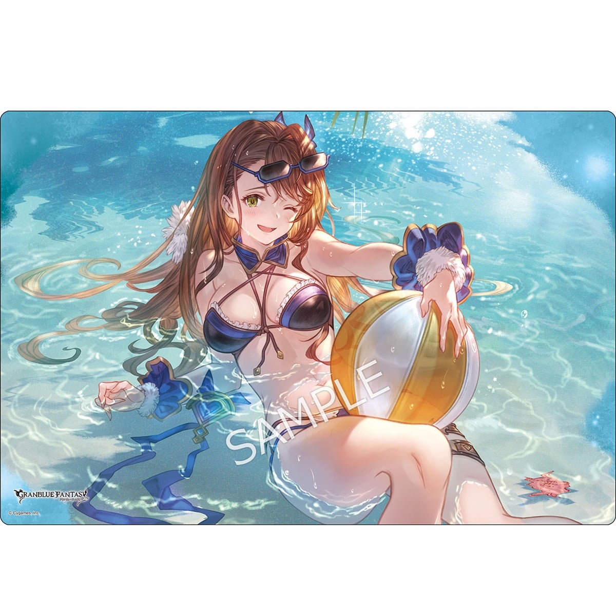 Desk mat printed with Granblue Fantasy character Beatrix in a bikini swimsuit holding a beach ball while sitting in shallow water.