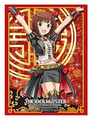 Front view of a card sleeve showing the character Haruka Amami from THE IDOLM@STER Platinum Stars with her arms raised against a red decorative background.