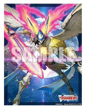 Artwork design for the card sleeve showing an armored winged warrior holding a glowing sword with a large "SAMPLE" watermark and the Vanguard logo.