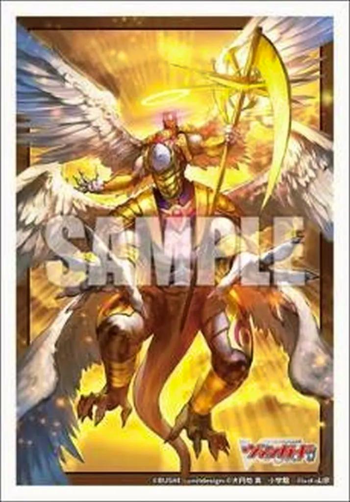 Front sample image of the card sleeve showing an armored winged, angelic creature holding a scythe against a golden background with a “SAMPLE” watermark.