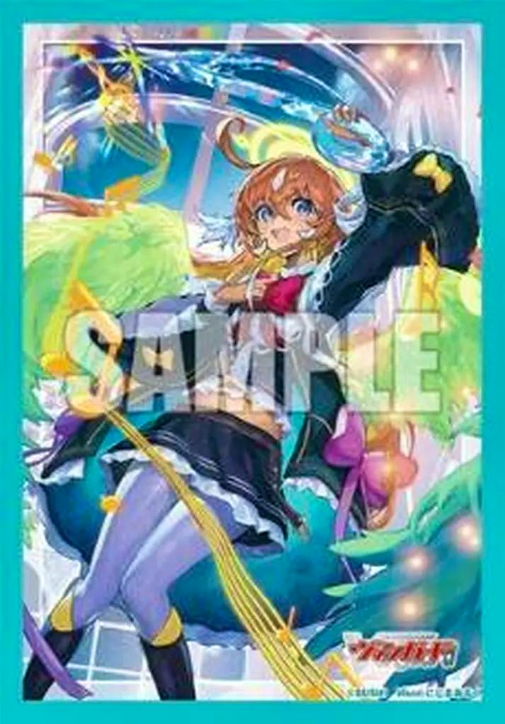 Front artwork on a card sleeve showing an anime girl in a colorful outfit with a turquoise border and a 'SAMPLE' watermark.