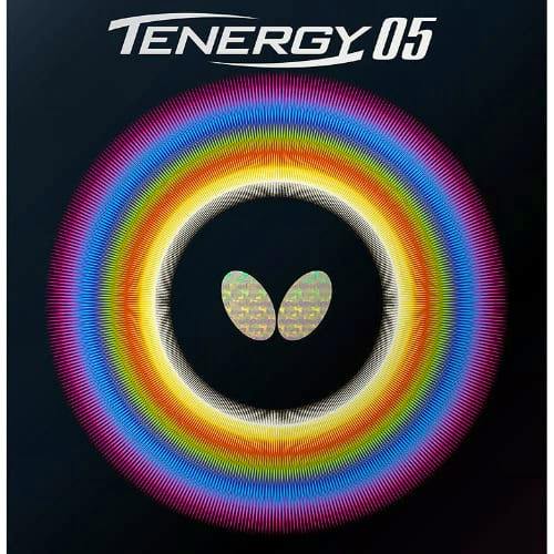 Front of Butterfly Tenergy 05 table tennis rubber packaging with the Butterfly logo and a multicolored circular design.