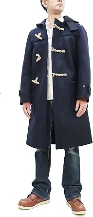 Male model wearing the Buzz Rickson men's long wool melton duffle coat with hood and toggle closures.