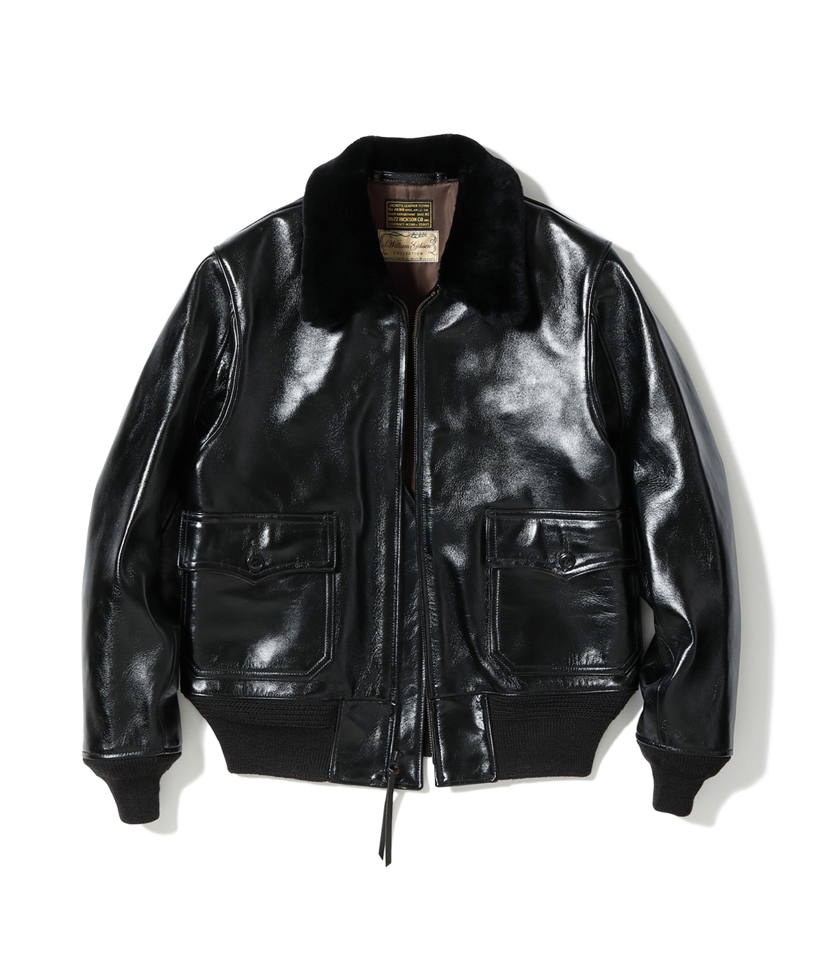Front view of the black horsehide men's AN-J-3A jacket with fur collar, two front pockets, ribbed hem and cuffs, and a center zipper on a white background.