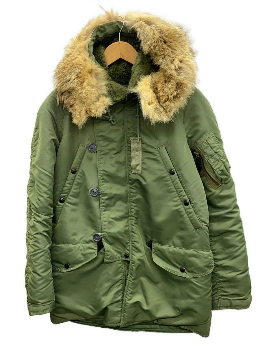 Green Buzz Rickson's N-3B men's flight jacket with a fur-trimmed hood hanging on a wooden hanger, shown front-facing.