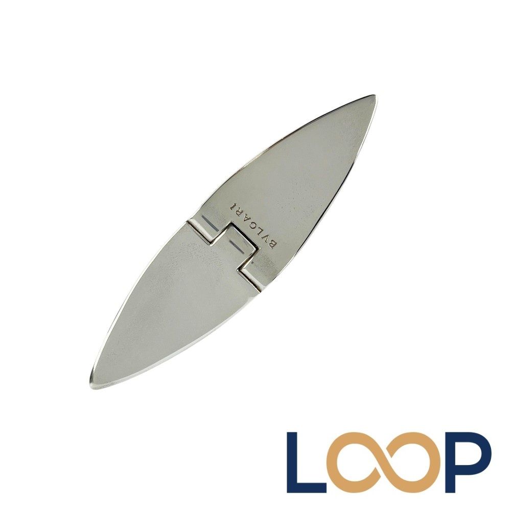 Silver BVLGARI letter opener (paper knife) shown on a white background with a LOOP logo.