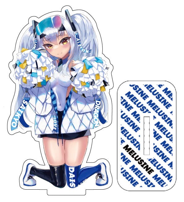Acrylic stand showing the illustrated character holding pom-poms with its separate printed rectangular base.