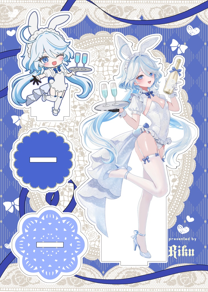 Artwork mockup of the acrylic stand showing a blue-haired character in a bunny outfit with two cutout base pieces on a decorative background.