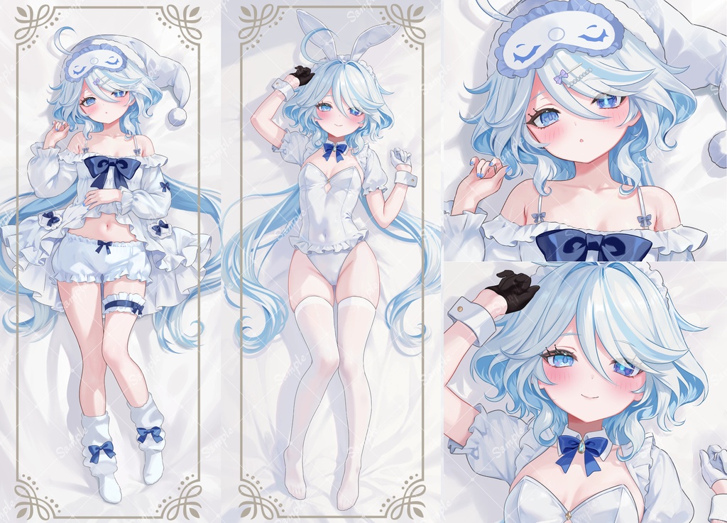 Three-panel image showing both sides and a close-up of a dakimakura pillow cover featuring a blue-haired anime girl in white sleepwear.
