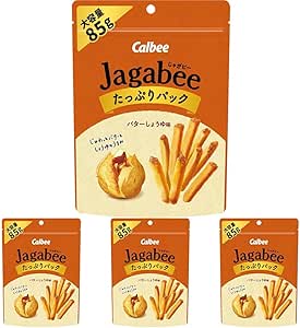 Front-facing photo of four Calbee Jagabee Butter Rich Soy Flavor snack packs, one above three.