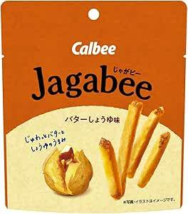 Front of a Jagabee Calbee Butter Soy Sauce flavor snack bag showing the brand name and potato stick illustration.