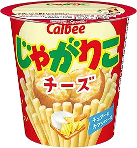 Front view of a Calbee Jagarico Cheese snack cup packaging showing cheese-flavored potato sticks and branding.