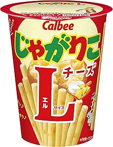 Red cup-style container of Calbee Jagarico Cheese potato snack with potato sticks and a large 'L' on the packaging.