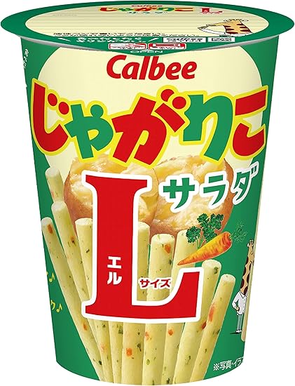 Green Calbee Jagarico Salad Flavor L snack cup packaging showing potato stick snacks and product branding.