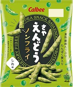 Front photo of a green Calbee Saya Endo salt-flavor packaged peas snack bag showing product name and pea-stick images.