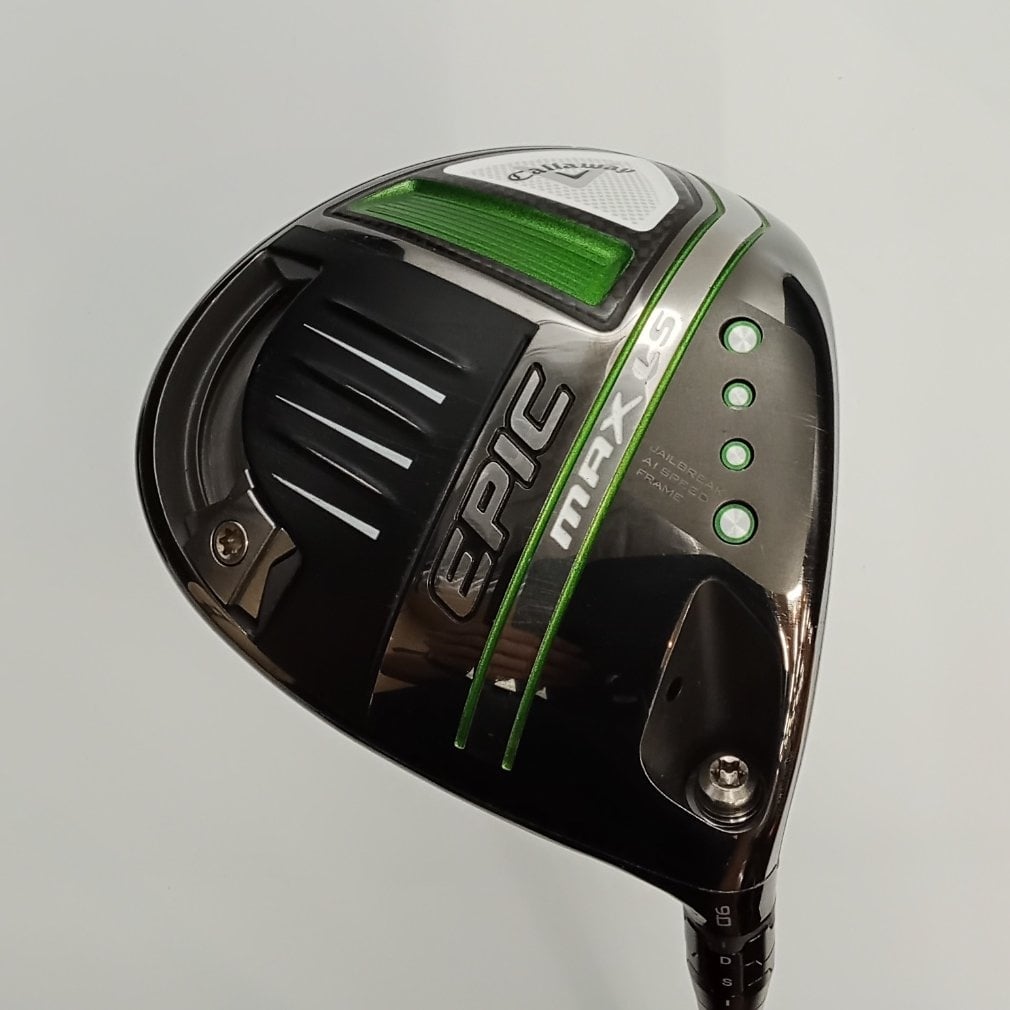 Sole of a Callaway EPIC MAX LS driver head with visible branding and green accents.