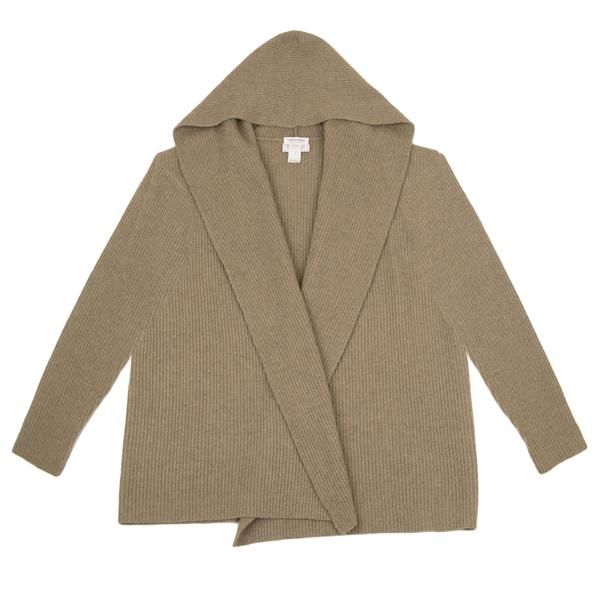 Beige ribbed cashmere-blend hooded cardigan laid flat, front view with long sleeves.