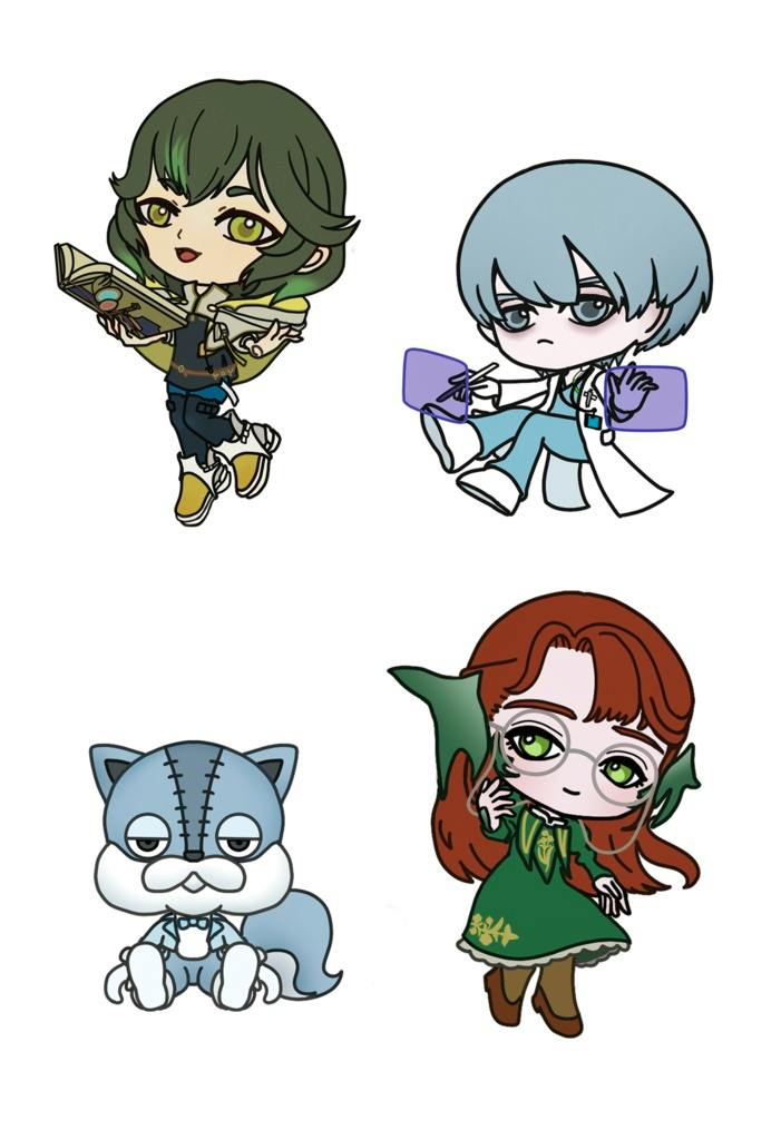 Four paper stickers showing chibi illustrations of カリュクス, カリュクスぬいぐるみ, スフェーン, and ハルマルト on a white background.